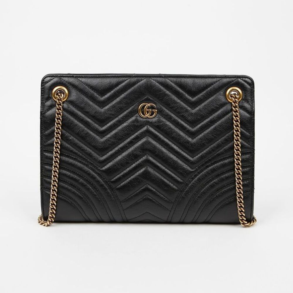 Medium Leather Gg Marmont Chain Shoulder Bag Black